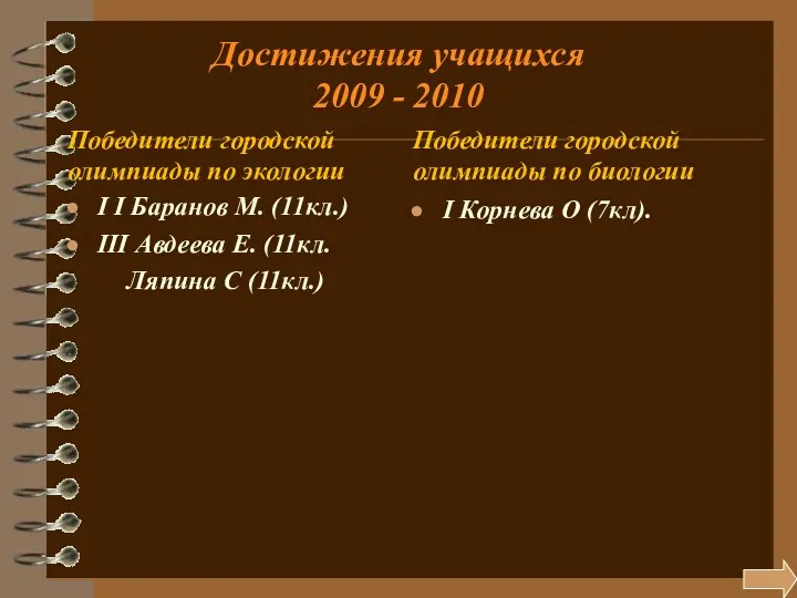 Достижения учащихся 2009 - 2010 Победители городской олимпиады по экологии I I Баранов