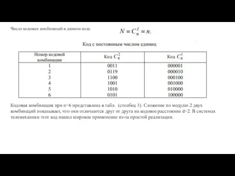 Число кодовых комбинаций в данном коде Кодовая комбинация при n=6