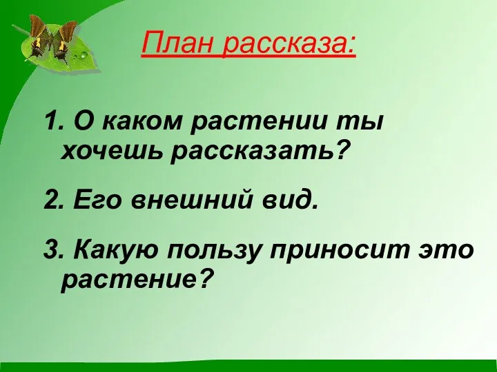 План рассказа: 1. О каком растении ты хочешь рассказать? 2. Его внешний вид.