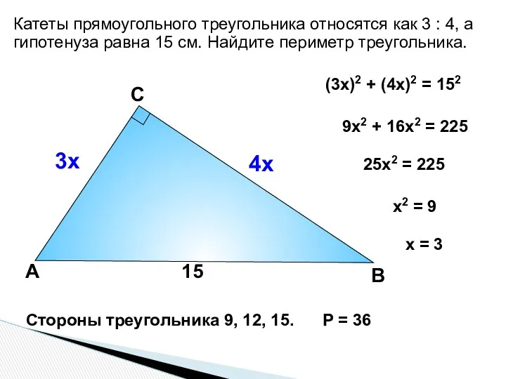 Катеты прямоугольного треугольника относятся как 3 : 4, а гипотенуза