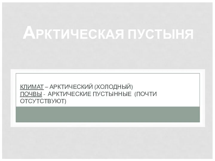 КЛИМАТ – АРКТИЧЕСКИЙ (ХОЛОДНЫЙ) ПОЧВЫ - АРКТИЧЕСКИЕ ПУСТЫННЫЕ (ПОЧТИ ОТСУТСТВУЮТ) АРКТИЧЕСКАЯ ПУСТЫНЯ