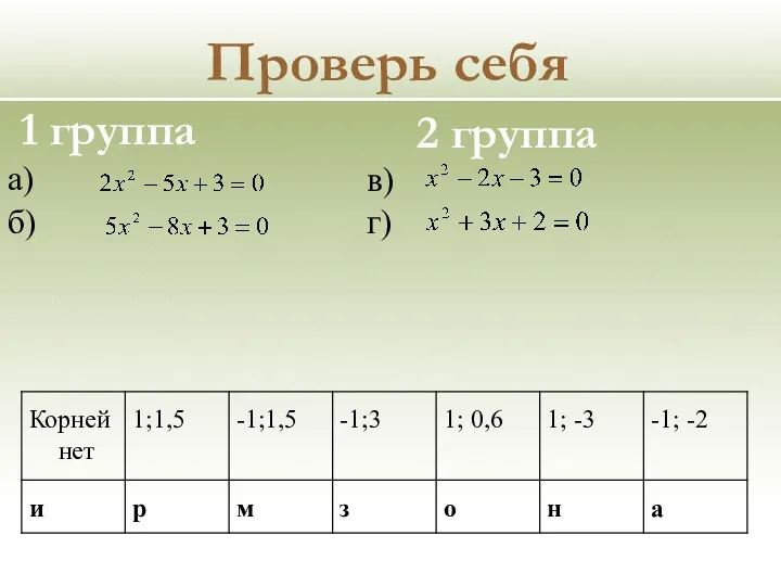 Проверь себя а) б) 1 группа 2 группа в) г)