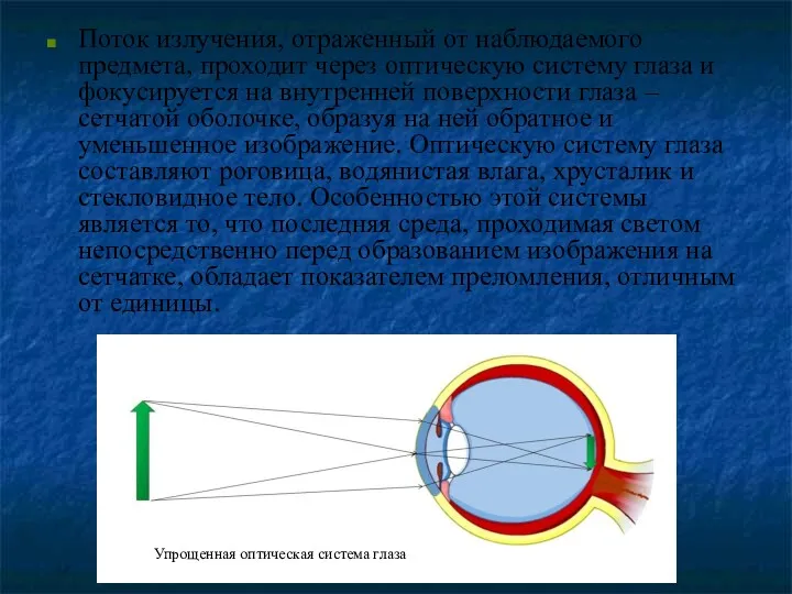 Поток излучения, отраженный от наблюдаемого предмета, проходит через оптическую систему глаза и фокусируется