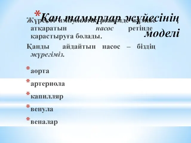 Қан тамырлар жүйесінің моделі Жүректі импульстік режимде жұмыс атқаратын насос