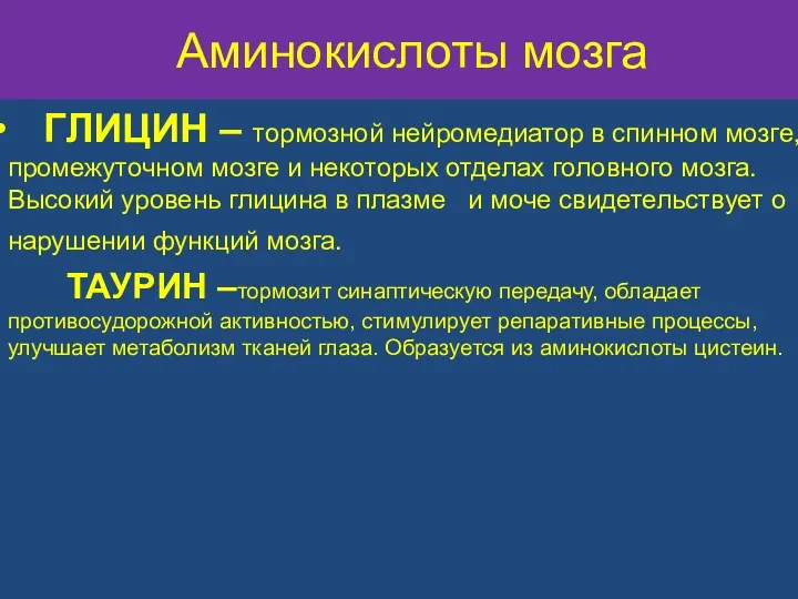 Аминокислоты мозга ГЛИЦИН – тормозной нейромедиатор в спинном мозге, промежуточном