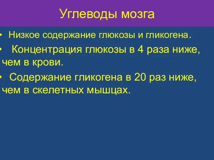 Углеводы мозга Низкое содержание глюкозы и гликогена. Концентрация глюкозы в