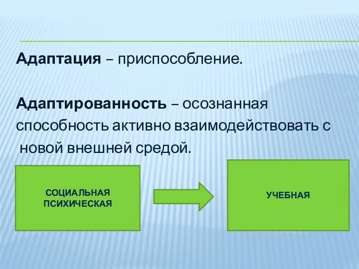 Адаптация – приспособление. Адаптированность – осознанная способность активно взаимодействовать с новой внешней средой. СОЦИАЛЬНАЯ ПСИХИЧЕСКАЯ УЧЕБНАЯ