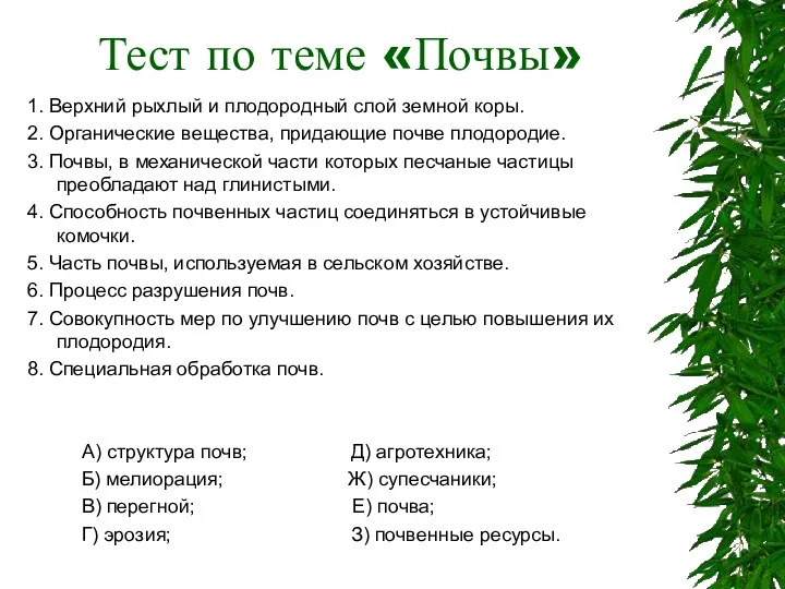 Тест по теме «Почвы» 1. Верхний рыхлый и плодородный слой земной коры. 2.