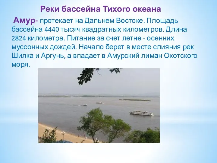 Реки бассейна Тихого океана Амур- протекает на Дальнем Востоке. Площадь