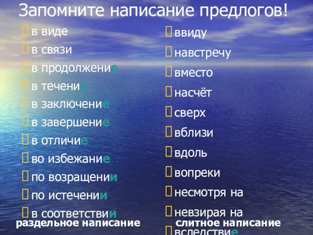 Запомните написание предлогов! раздельное написание слитное написание в виде в