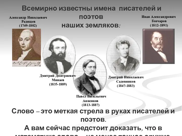 Александр Николаевич Радищев (1749-1802) Павел Васильевич Анненков (1813-1887) Дмитрий Николаевич Садовников (1847-1883) Дмитрий