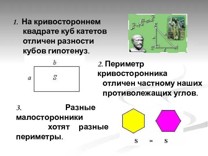 1. На кривостороннем квадрате куб катетов отличен разности кубов гипотенуз. 2. Периметр кривосторонника