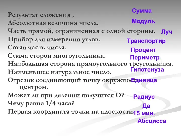 Результат сложения . Абсолютная величина числа. Часть прямой, ограниченная с