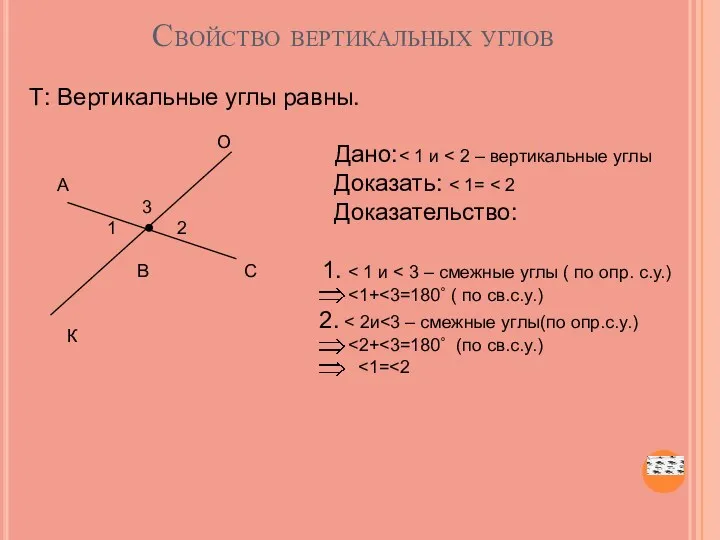 Свойство вертикальных углов Т: Вертикальные углы равны. Дано: Доказать: Доказательство: 1. 2. О