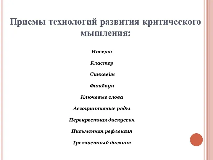 Инсерт Кластер Синквейн Фишбоун Ключевые слова Ассоциативные ряды Перекрестная дискуссия