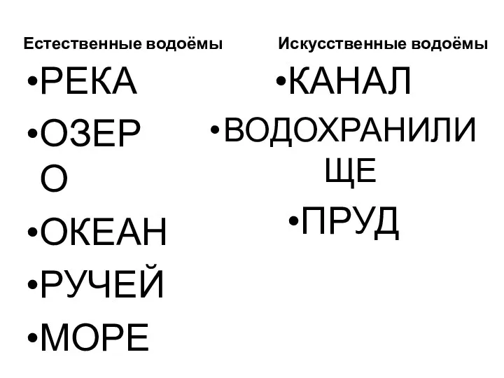 Естественные водоёмы РЕКА ОЗЕРО ОКЕАН РУЧЕЙ МОРЕ Искусственные водоёмы КАНАЛ ВОДОХРАНИЛИЩЕ ПРУД