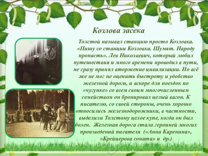 Козлова засека Толстой называл станцию просто Козловка. «Пишу со станции Козловка. Шумят. Народу