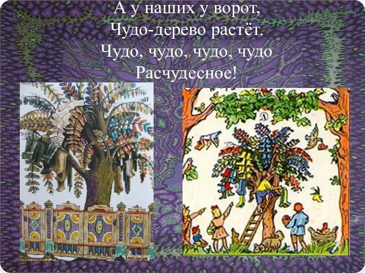 А у наших у ворот, Чудо-дерево растёт. Чудо, чудо, чудо, чудо Расчудесное!