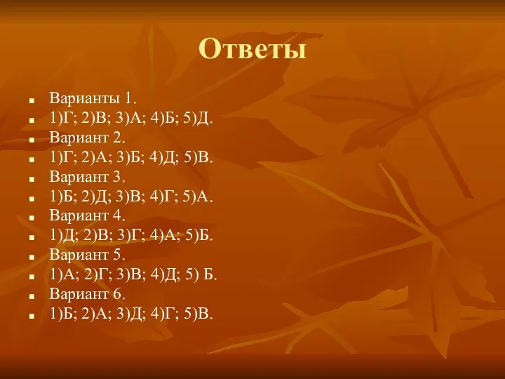 Ответы Варианты 1. 1)Г; 2)В; 3)А; 4)Б; 5)Д. Вариант 2.