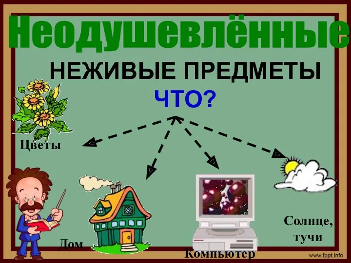 НЕЖИВЫЕ ПРЕДМЕТЫ ЧТО? Цветы Дом Компьютер Солнце, тучи Неодушевлённые