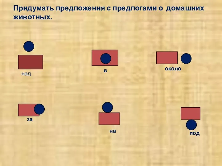 Придумать предложения с предлогами о домашних животных. над в на около за под