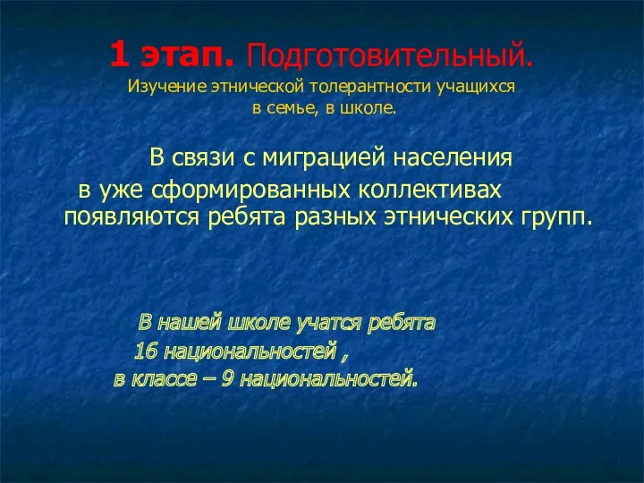 1 этап. Подготовительный. Изучение этнической толерантности учащихся в семье, в