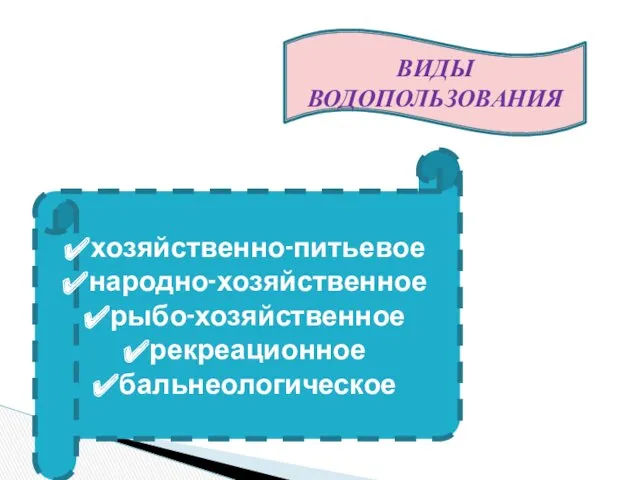 ВИДЫ ВОДОПОЛЬЗОВАНИЯ хозяйственно-питьевое народно-хозяйственное рыбо-хозяйственное рекреационное бальнеологическое