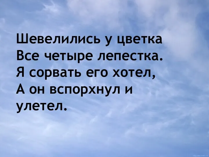 Шевелились у цветка Все четыре лепестка. Я сорвать его хотел, А он вспорхнул и улетел.