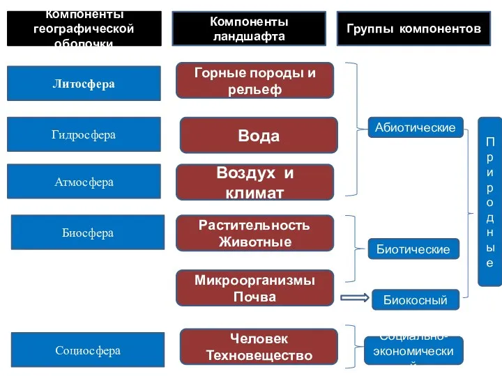 Компоненты географической оболочки Компоненты ландшафта Группы компонентов Литосфера Гидросфера Атмосфера