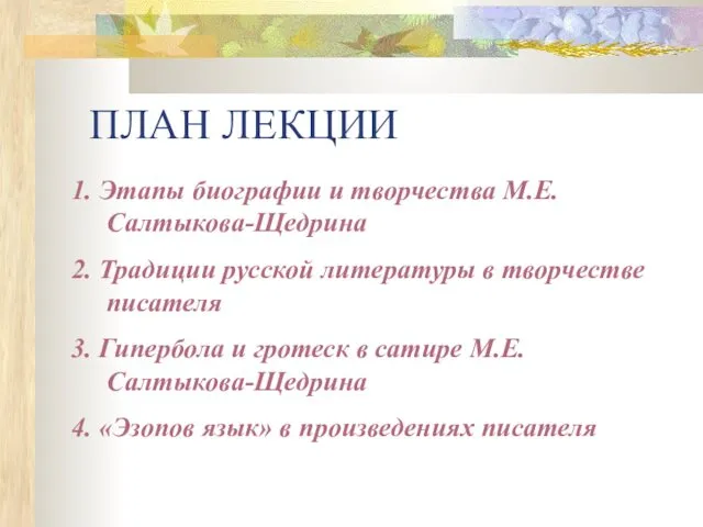 ПЛАН ЛЕКЦИИ 1. Этапы биографии и творчества М.Е. Салтыкова-Щедрина 2.