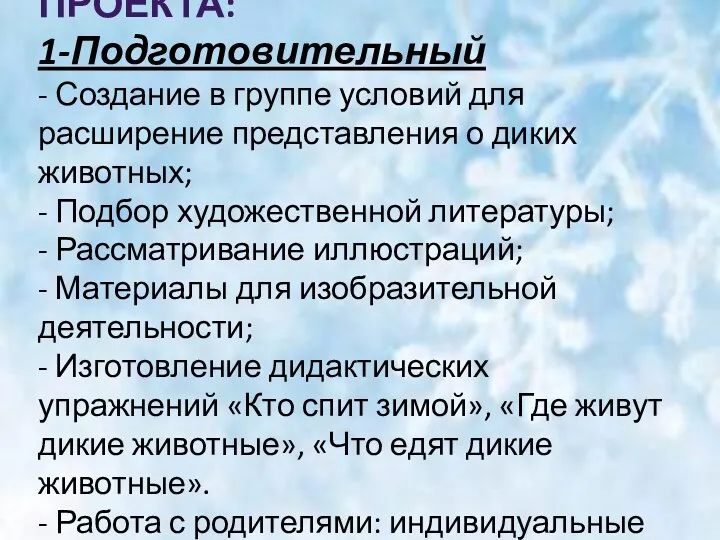 Этапы проведения проекта: 1-Подготовительный - Создание в группе условий для