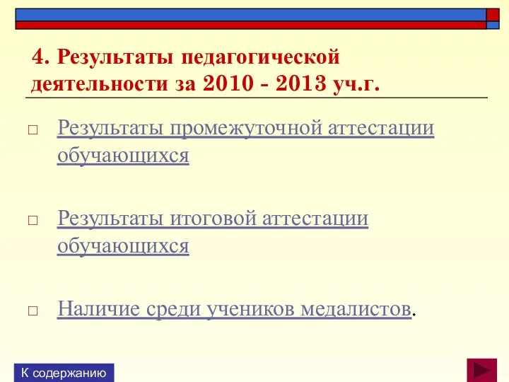 4. Результаты педагогической деятельности за 2010 - 2013 уч.г. Результаты