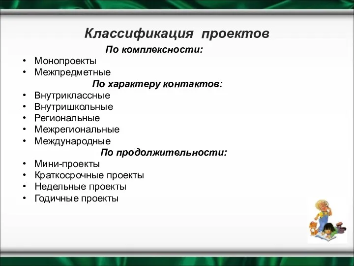 Классификация проектов По комплексности: Монопроекты Межпредметные По характеру контактов: Внутриклассные