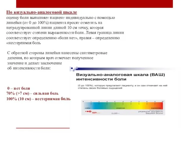 По визуально-аналоговой шкале оценку боли выполняет пациент индивидуально с помощью