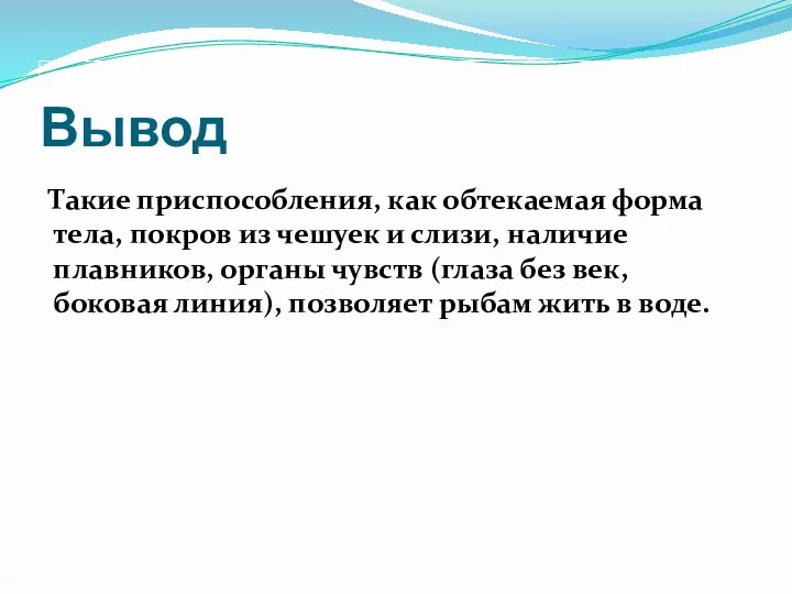 Вывод Такие приспособления, как обтекаемая форма тела, покров из чешуек