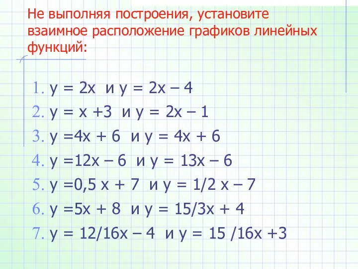 Не выполняя построения, установите взаимное расположение графиков линейных функций: у = 2х и