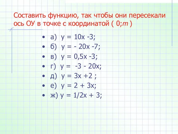 Составить функцию, так чтобы они пересекали ось ОУ в точке с координатой (