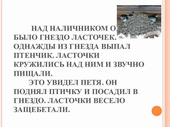 НАД НАЛИЧНИКОМ ОКНА БЫЛО ГНЕЗДО ЛАСТОЧЕК. ОДНАЖДЫ ИЗ ГНЕЗДА ВЫПАЛ