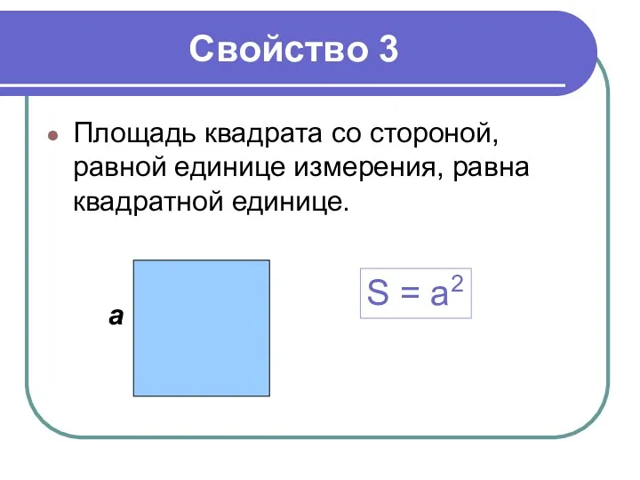 Свойство 3 Площадь квадрата со стороной, равной единице измерения, равна квадратной единице. а S = a2