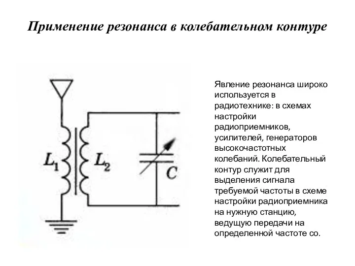 Применение резонанса в колебательном контуре Явление резонанса широко используется в радиотехнике: в схемах