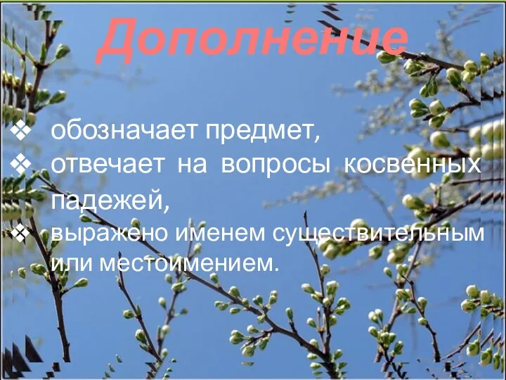 Дополнение обозначает предмет, отвечает на вопросы косвенных падежей, выражено именем существительным или местоимением.