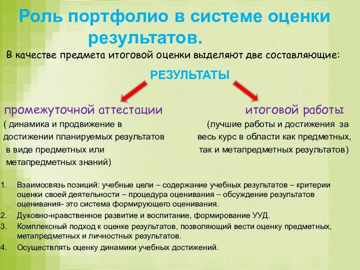 Роль портфолио в системе оценки результатов. В качестве предмета итоговой оценки выделяют две