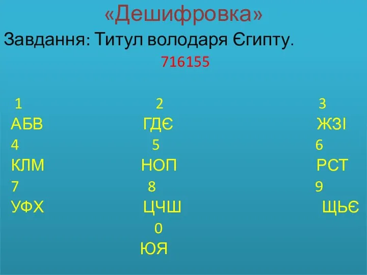 «Дешифровка» Завдання: Титул володаря Єгипту. 716155 1 2 3 АБВ ГДЄ ЖЗІ 4