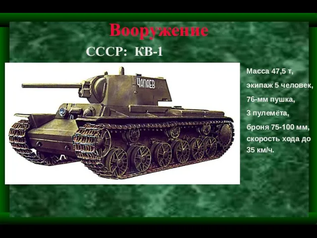 Вооружение СССР: КВ-1 Масса 47,5 т, экипаж 5 человек, 76-мм