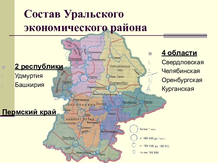 Состав Уральского экономического района 2 республики Удмуртия Башкирия Пермский край 4 области Свердловская Челябинская Оренбургская Курганская