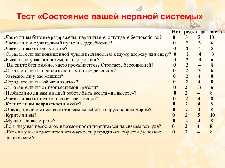 Тест «Состояние вашей нервной системы» Нет редко да часто Часто