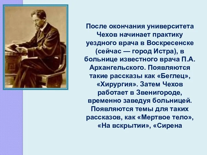 После окончания университета Чехов начинает практику уездного врача в Воскресенске