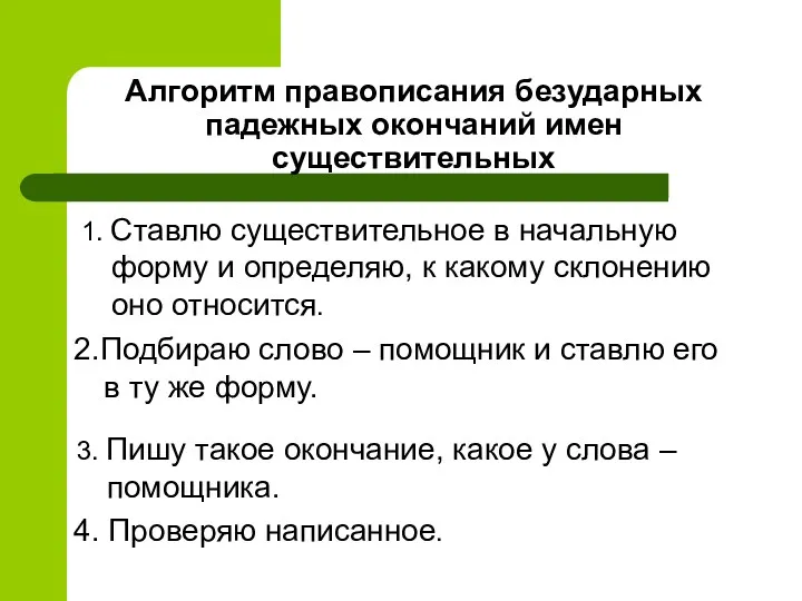 Алгоритм правописания безударных падежных окончаний имен существительных 1. Ставлю существительное