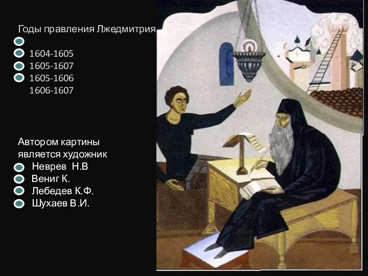 Годы правления Лжедмитрия 1 1604-1605 1605-1607 1605-1606 1606-1607 Автором картины является художник Неврев