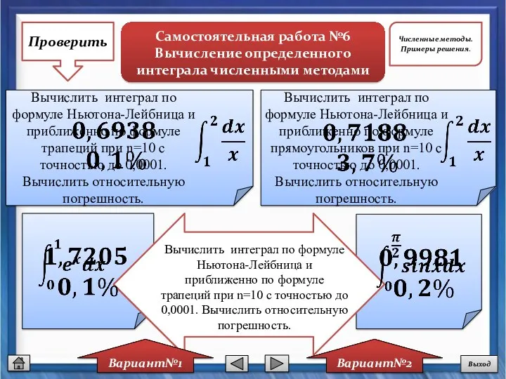 Самостоятельная работа №6 Вычисление определенного интеграла численными методами Вариант№1 Вариант№2